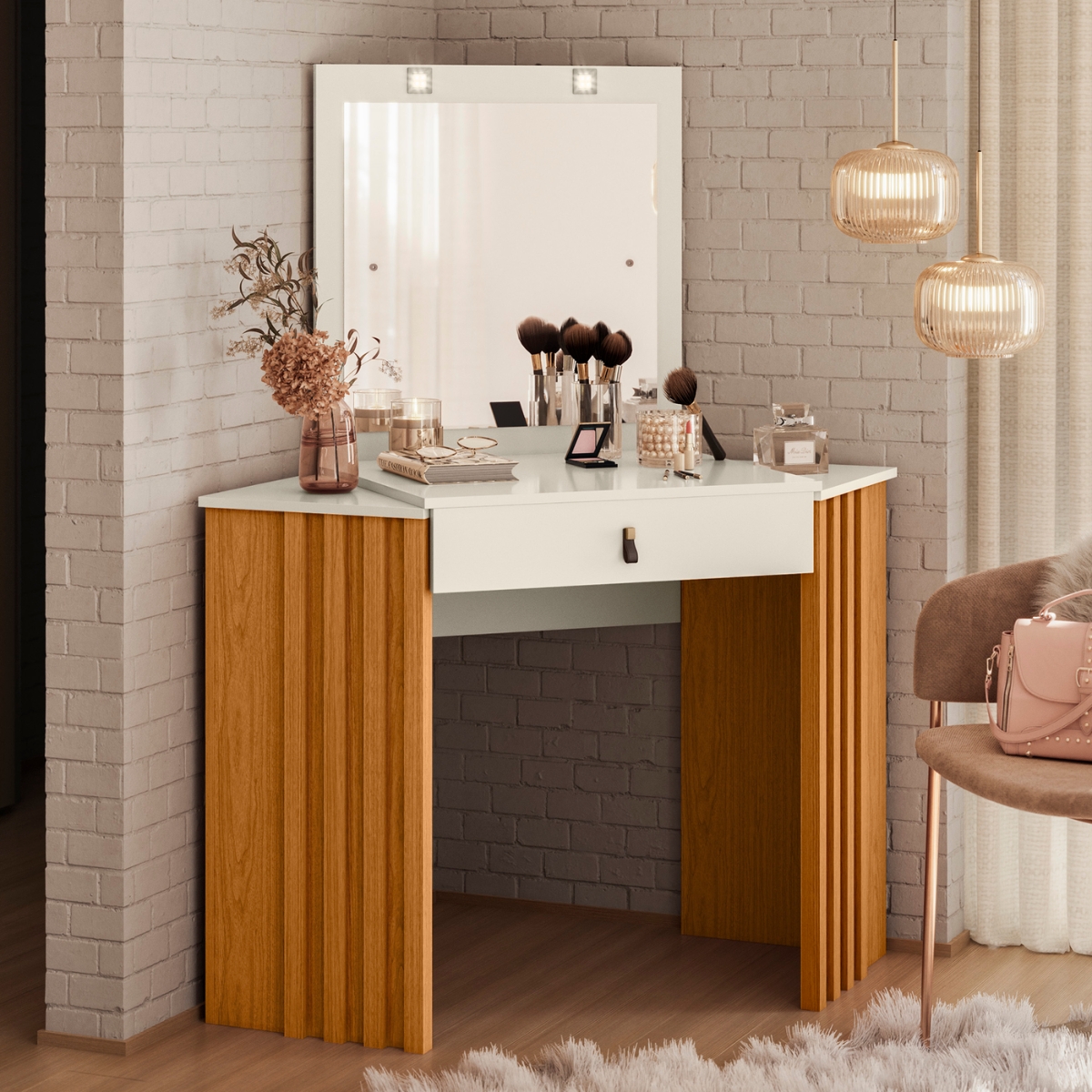 Camarim Ripado com Led e Espelho Uraí Cinamomo Off White