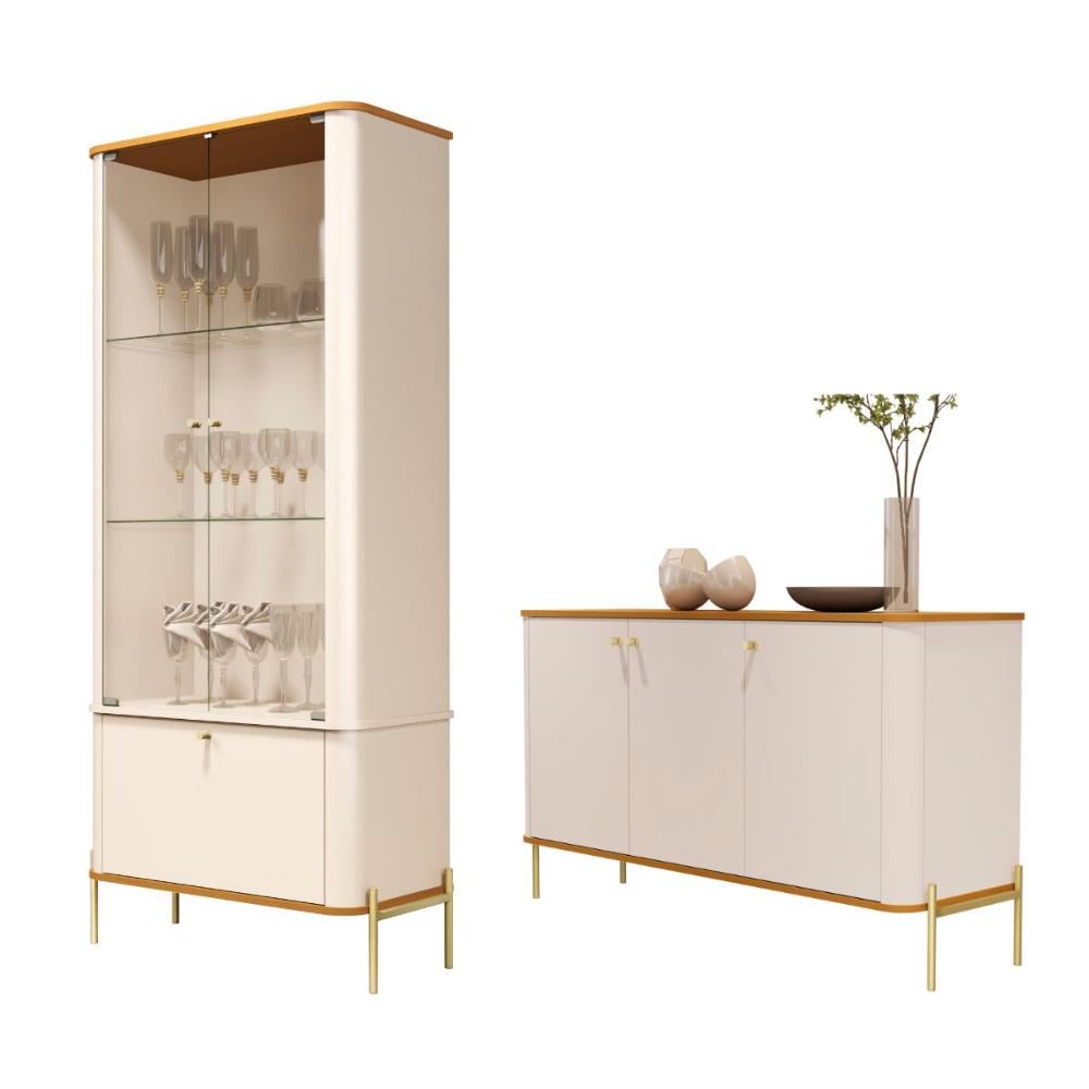 Conjunto Buffet e Cristaleira Rouxinol Off White Nature Dourado
