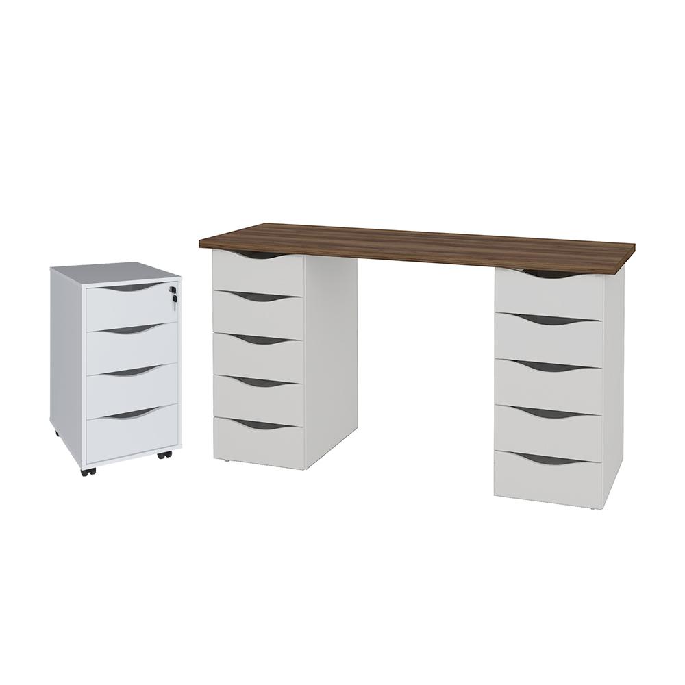 Conjunto Escrivaninha e Gaveteiro Huddersfield Nogal Branco