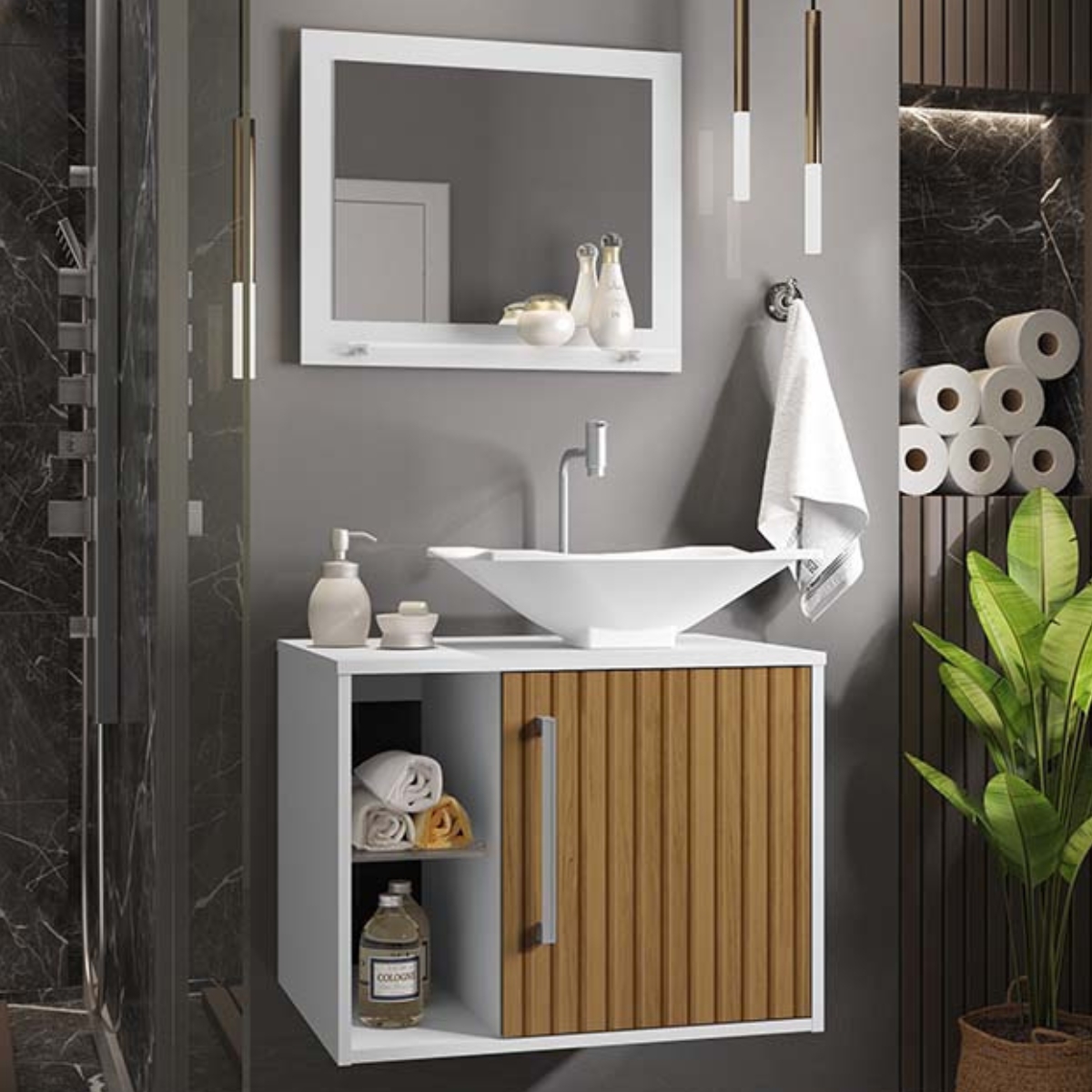 Conjunto Gabinete e Espelheira Grenoble Branco Ripado