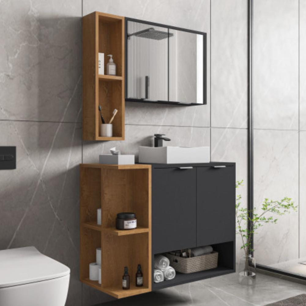 Conjunto Gabinete e Espelheira Rennes Preto Fosco Naturalle 