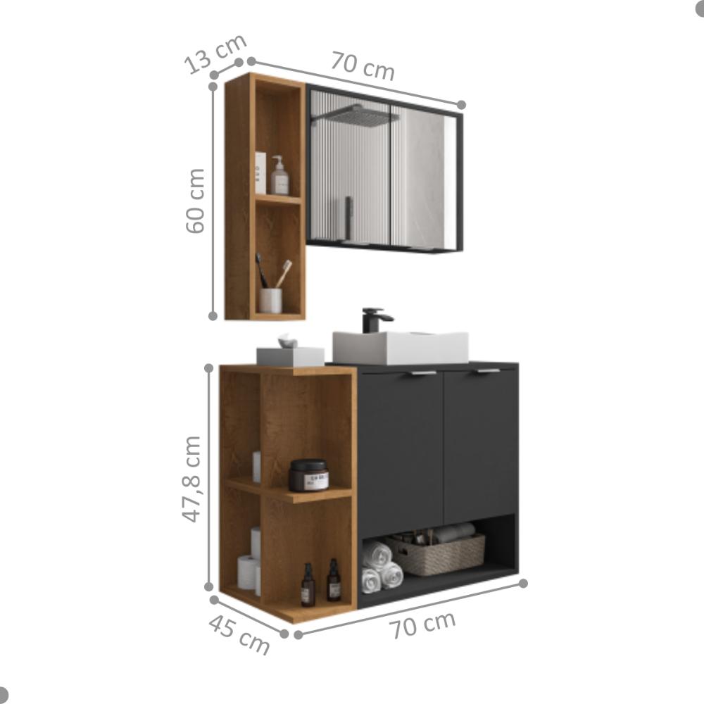 Conjunto Gabinete e Espelheira Rennes Preto Fosco Naturalle 