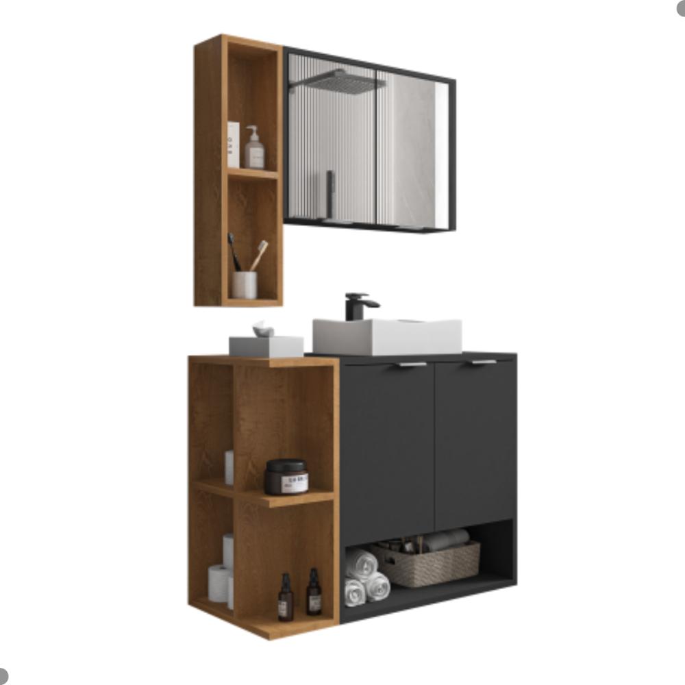Conjunto Gabinete e Espelheira Rennes Preto Fosco Naturalle 