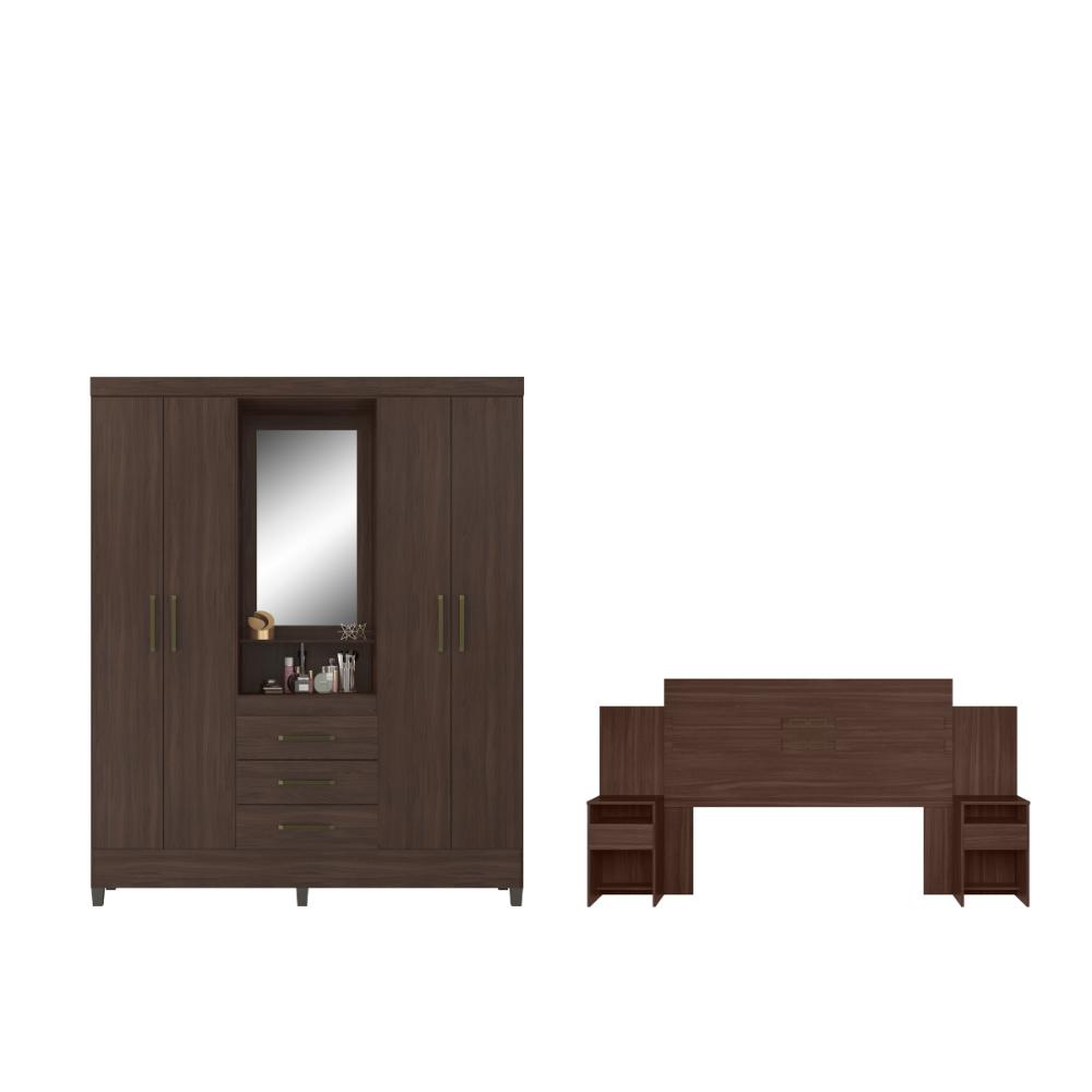 Conjunto Guarda Roupa 4 Portas e Cabeceira Elite Cafe Touch