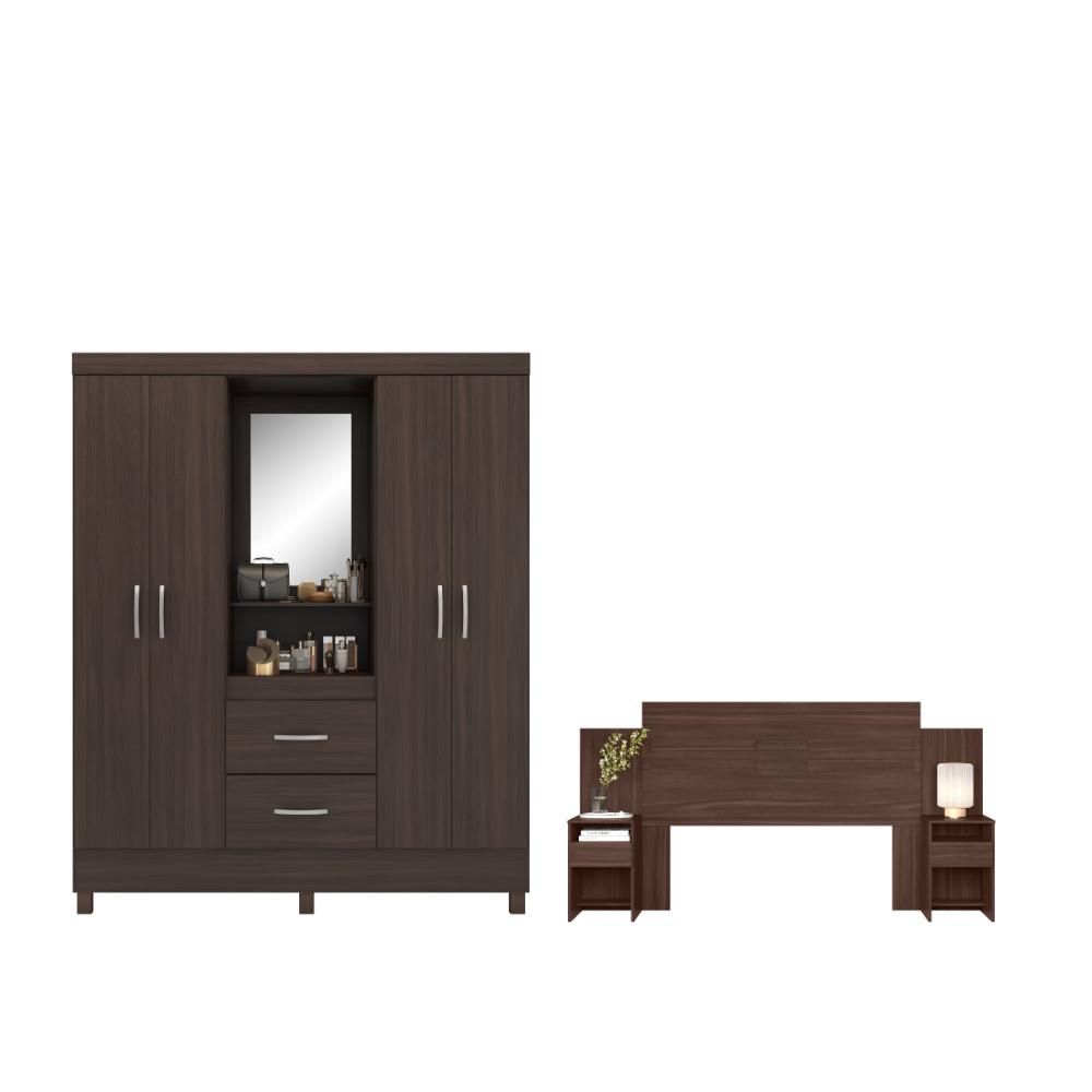 Conjunto Guarda Roupa 4 Portas e Cabeceira Lorena Cafe Touch