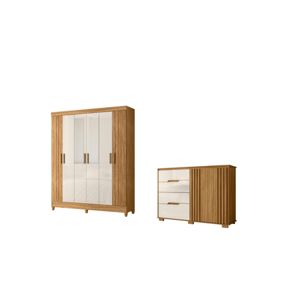 Conjunto Guarda Roupa Espelho e Comoda Luz Freijo Off White
