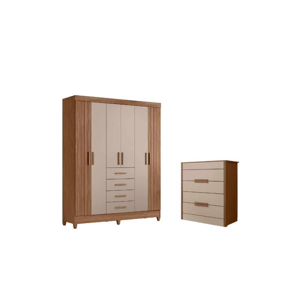 Conjunto Guarda Roupa e Comoda Caribe Carvalho Fendi