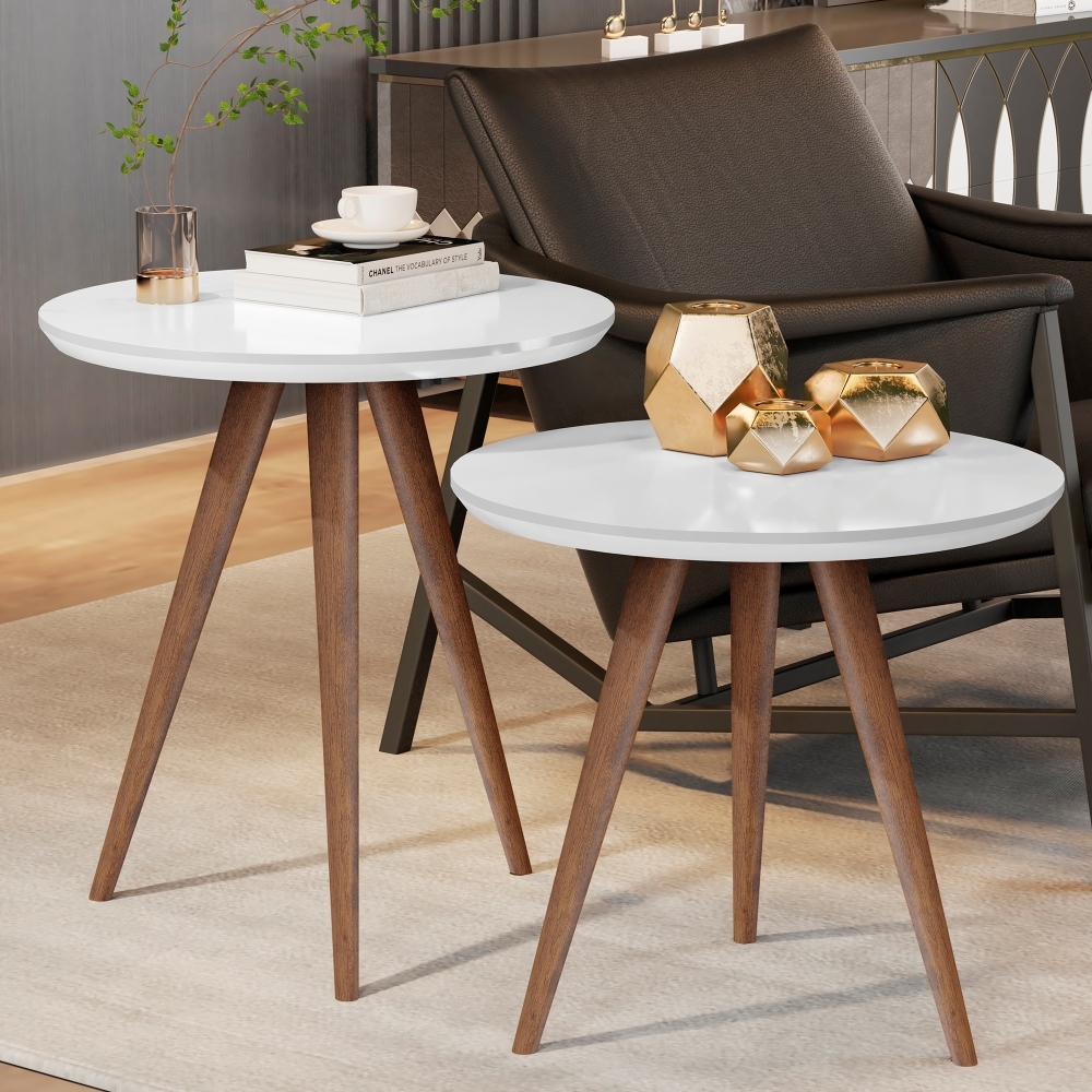 Conjunto Mesa Lateral Sofá Sala Pés Palito Branco