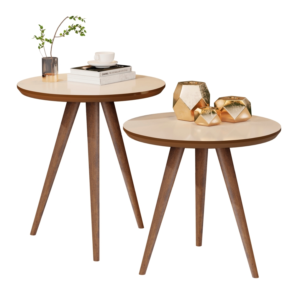 Conjunto Mesa Lateral Sofá Sala Pés Palito Off White Freijó