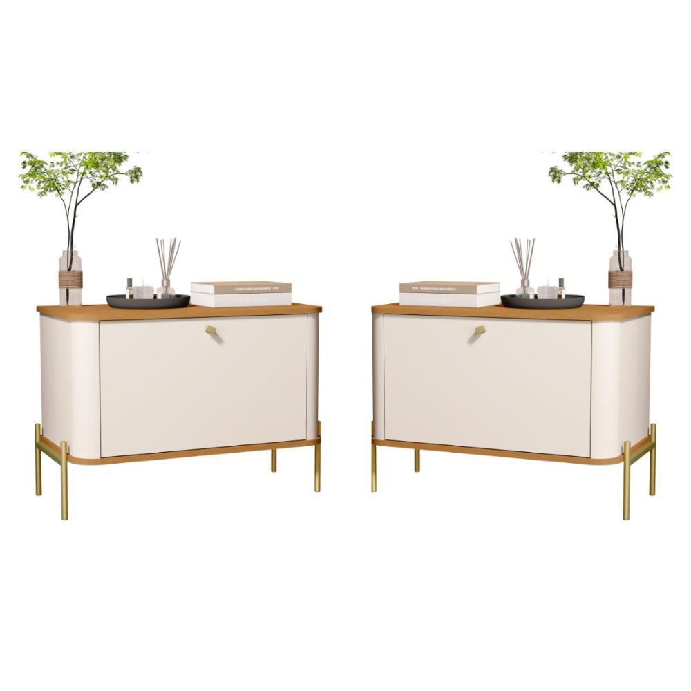 Conjunto Mesa de Cabeceira Albania Off White Nature Dourado