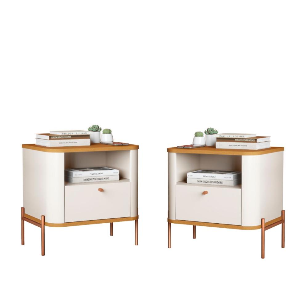 Conjunto Mesa de Cabeceira Malta Off White Nature Bronze