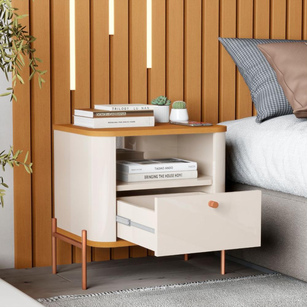 Conjunto Mesa de Cabeceira Malta Off White Nature Bronze