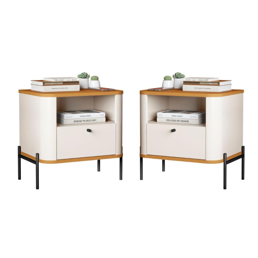 Conjunto Mesa de Cabeceira Malta Off White Nature Preto