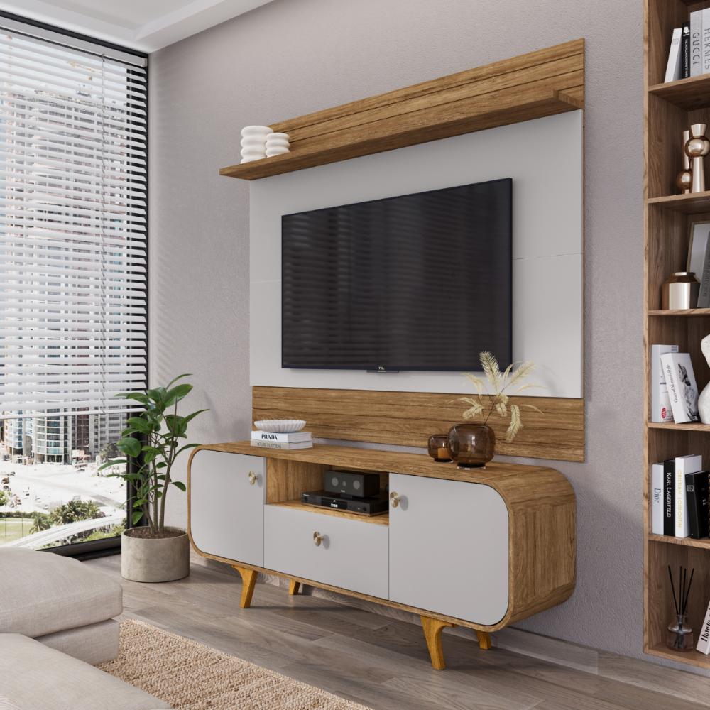 Conjunto Painel e Rack Madri Cinamomo Off White