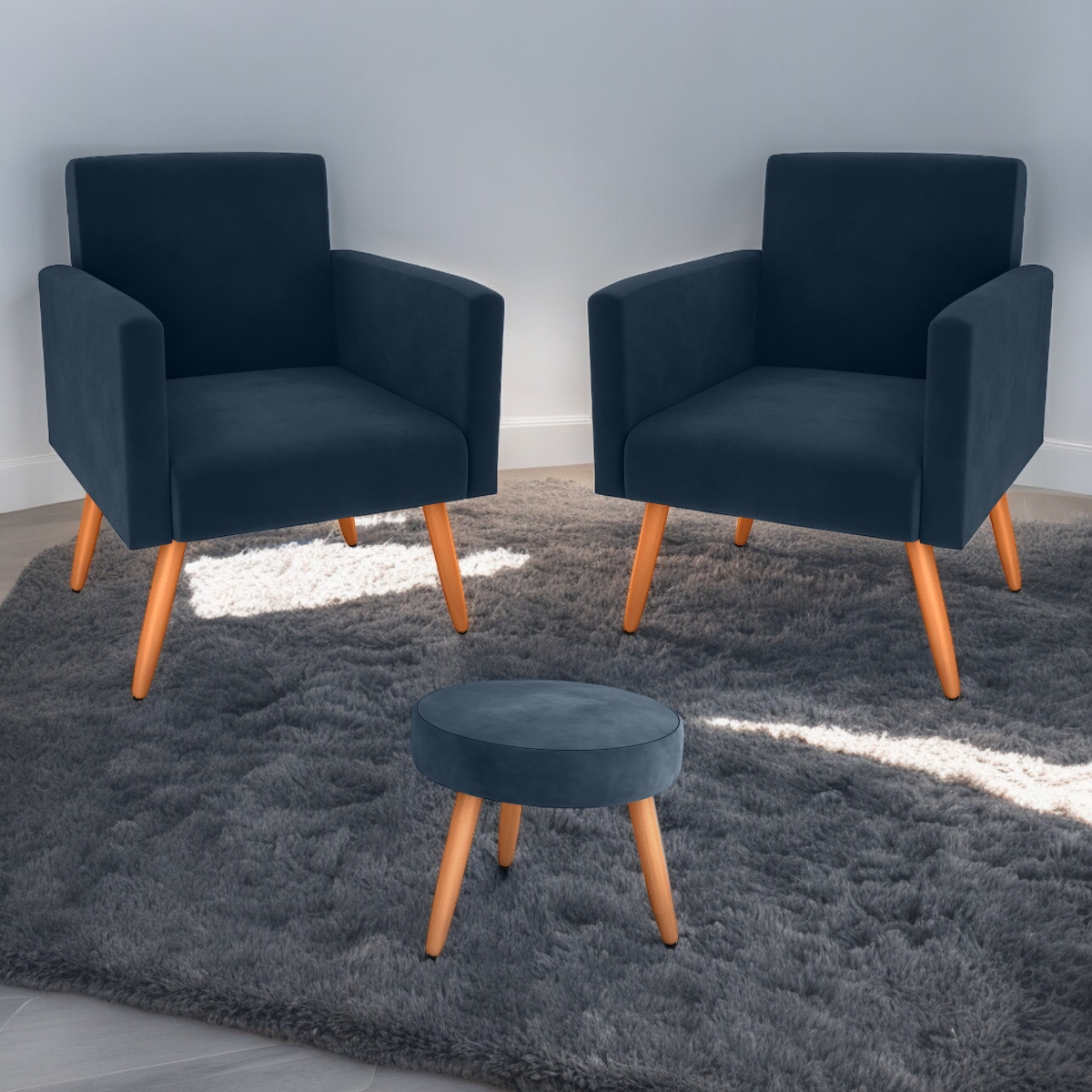 Conjunto Poltronas e Puff Anari Veludo Azul