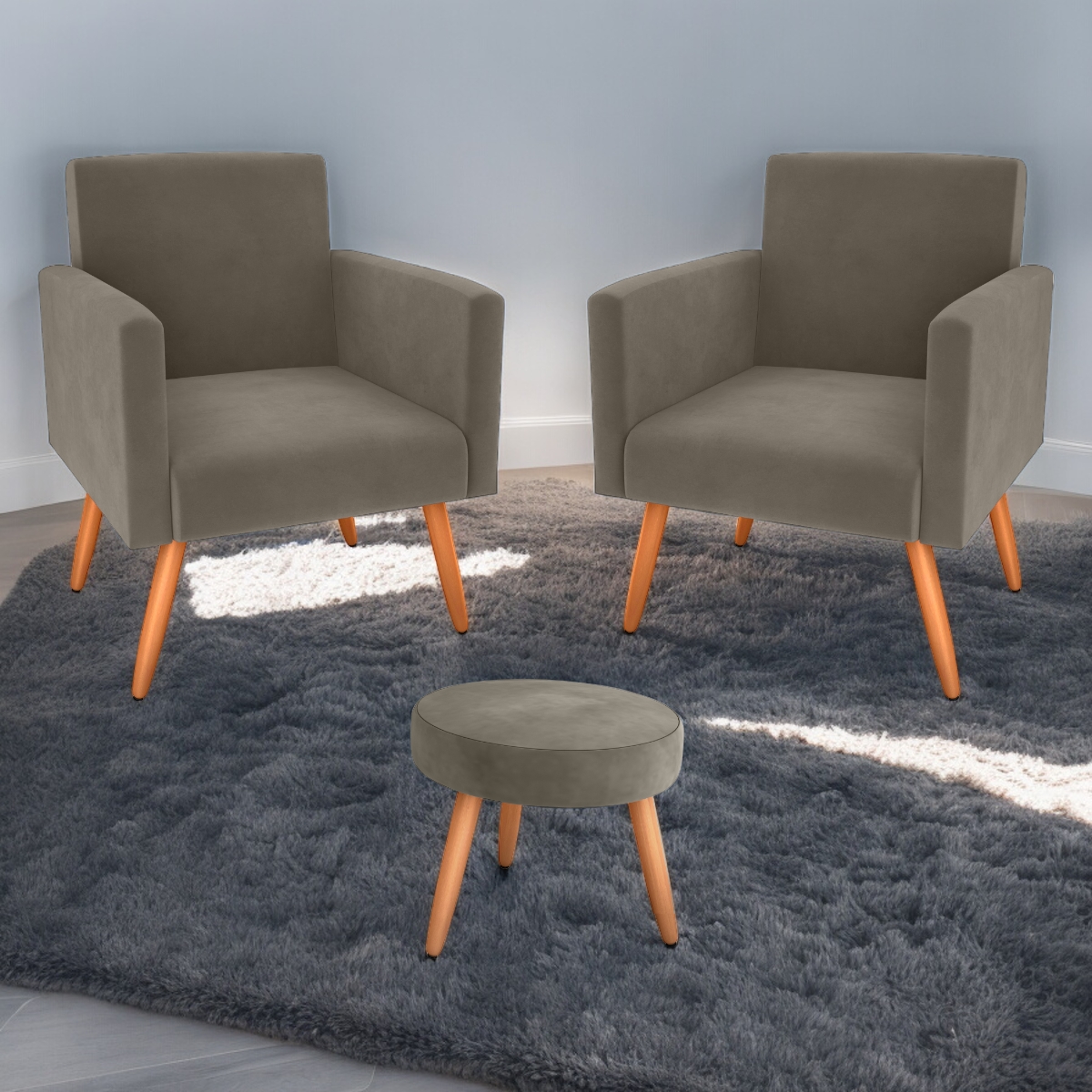 Conjunto Poltronas e Puff Anari Veludo Cappuccino