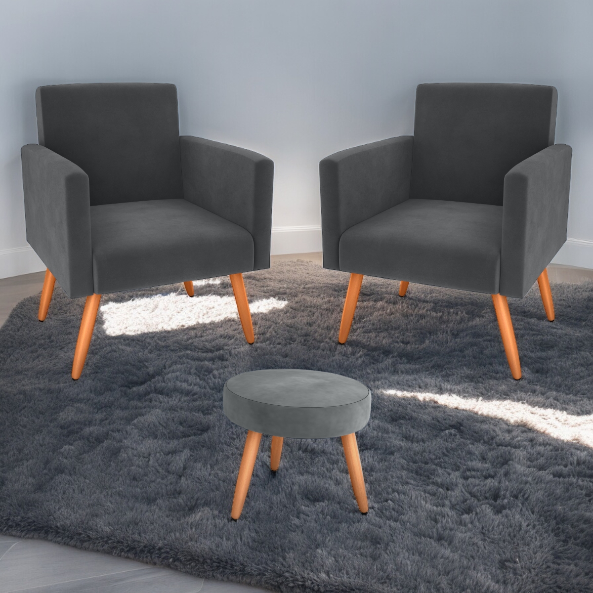 Conjunto Poltronas e Puff Anari Veludo Cinza
