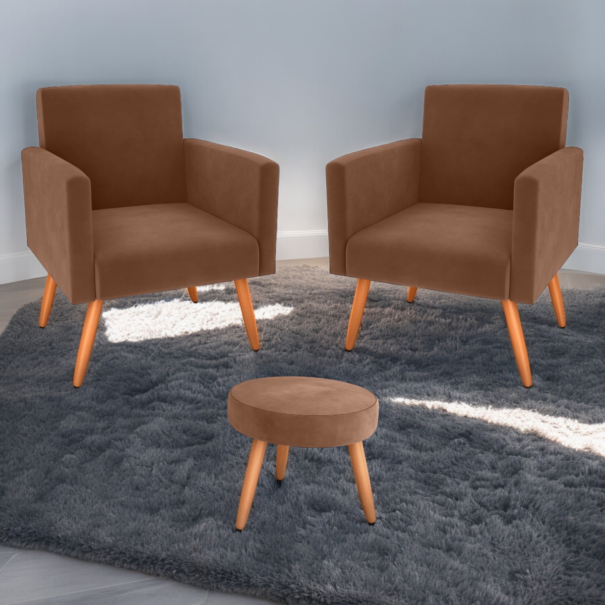 Conjunto Poltronas e Puff Anari Veludo Ferrugem
