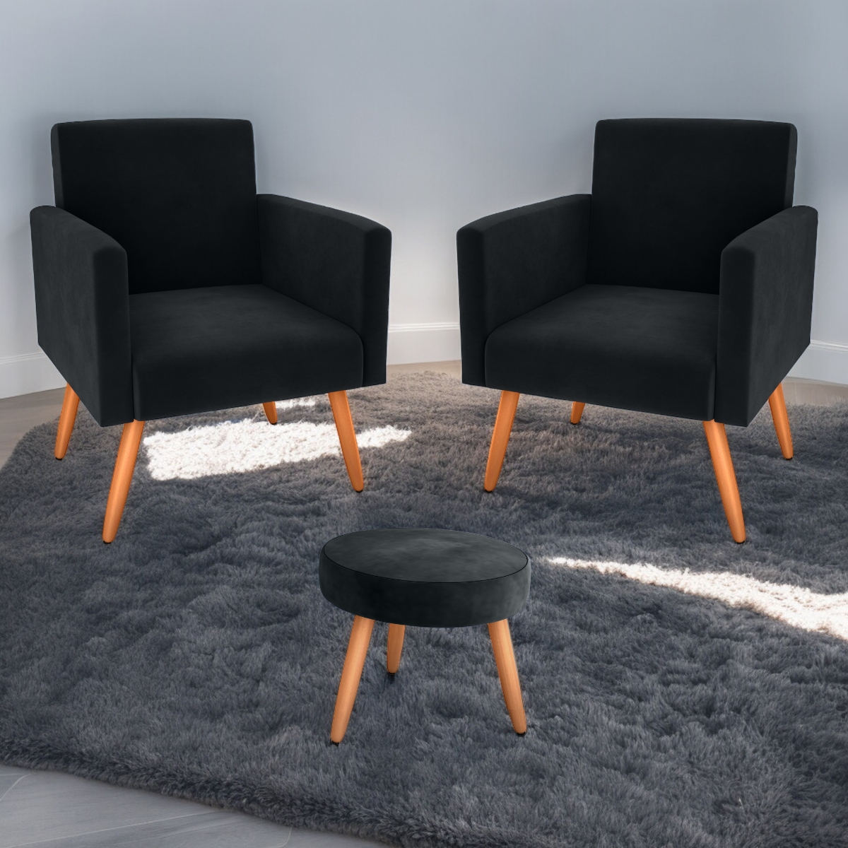 Conjunto Poltronas e Puff Anari Veludo Inca Preto