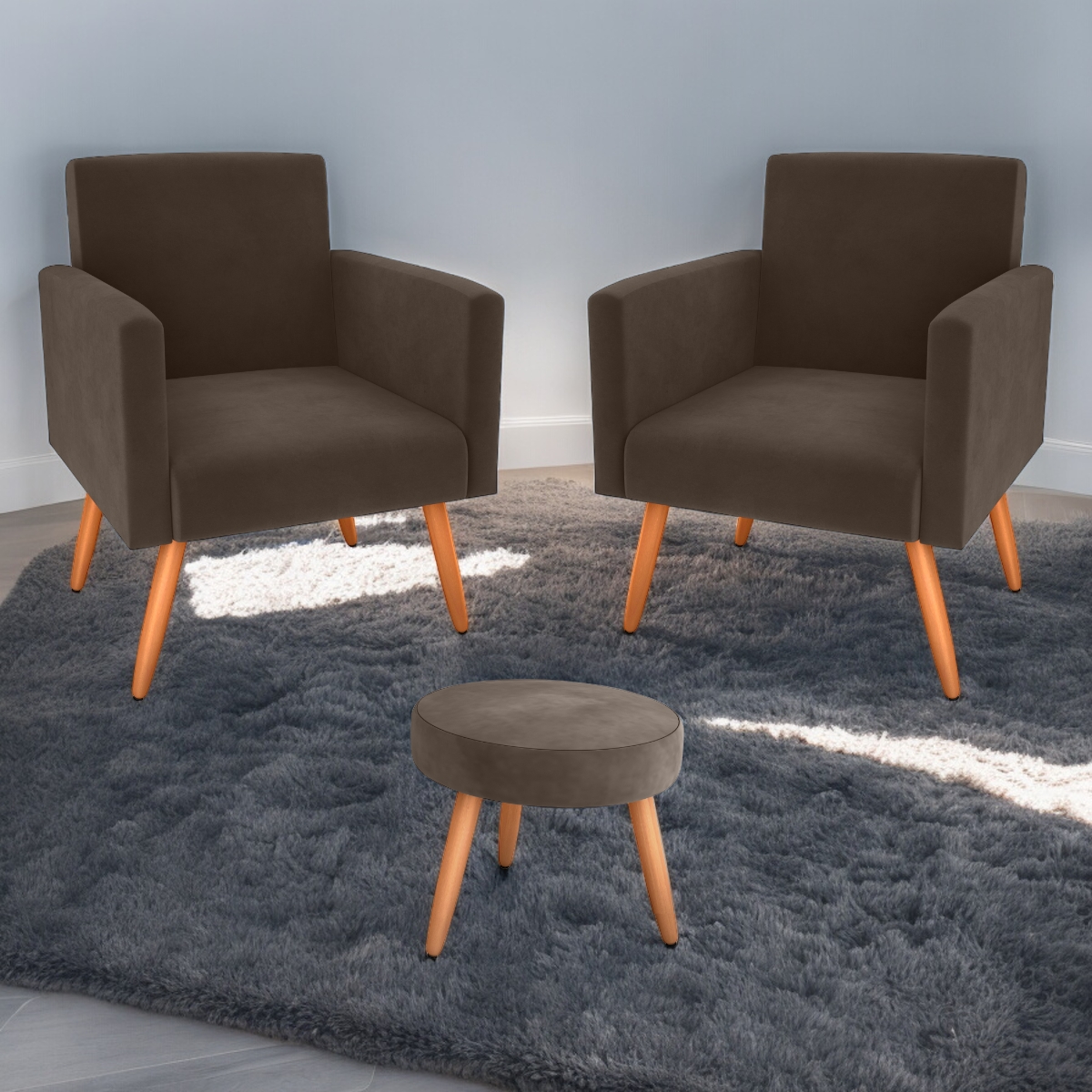 Conjunto Poltronas e Puff Anari Veludo Marrom