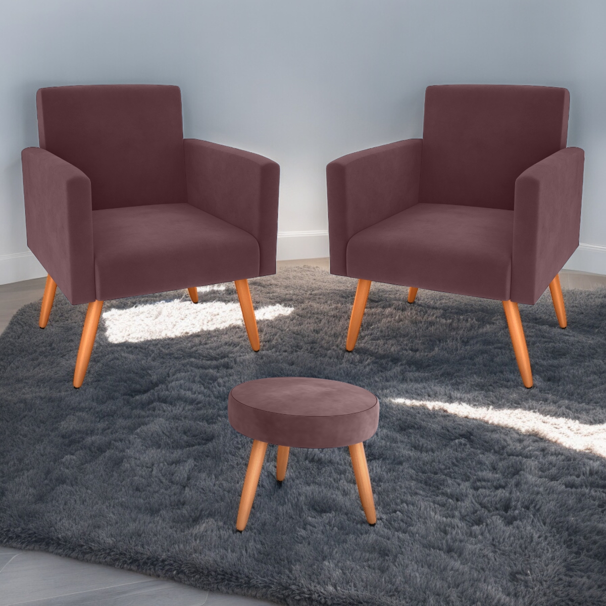 Conjunto Poltronas e Puff Anari Veludo Rosê