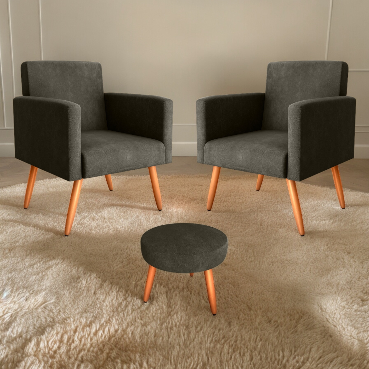 Conjunto Poltronas e Puff Anari Veludo Turkey Marrom