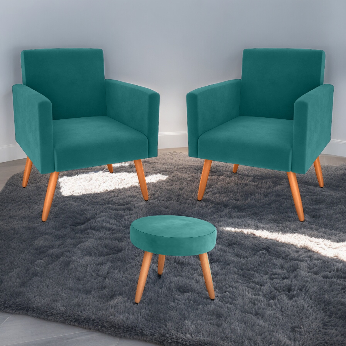 Conjunto Poltronas e Puff Anari Veludo Verde Menta