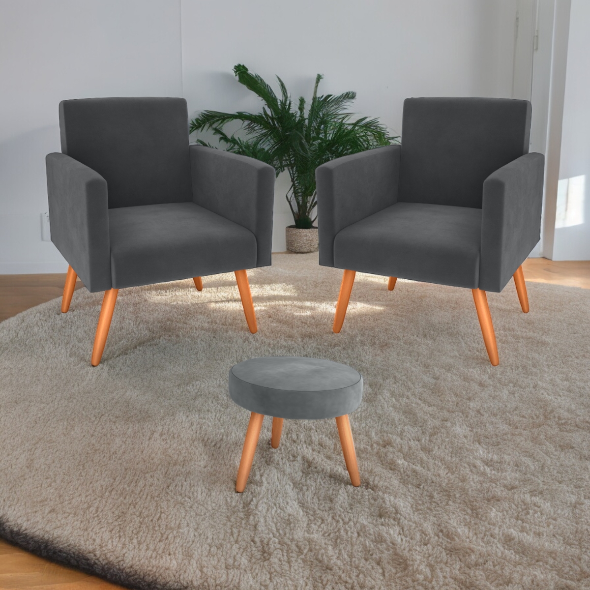 Conjunto Poltronas e Puff Iara Veludo Cinza