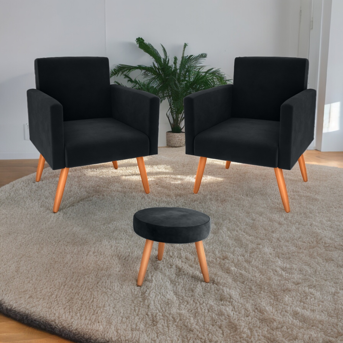 Conjunto Poltronas e Puff Iara Veludo Preto