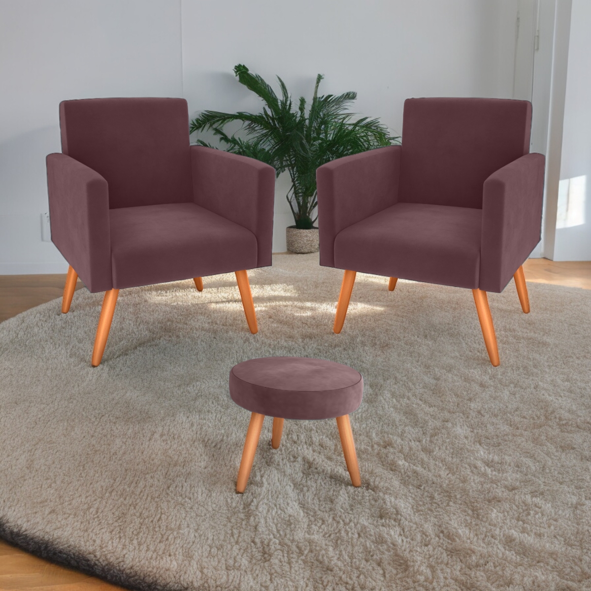 Conjunto Poltronas e Puff Iara Veludo Rosê