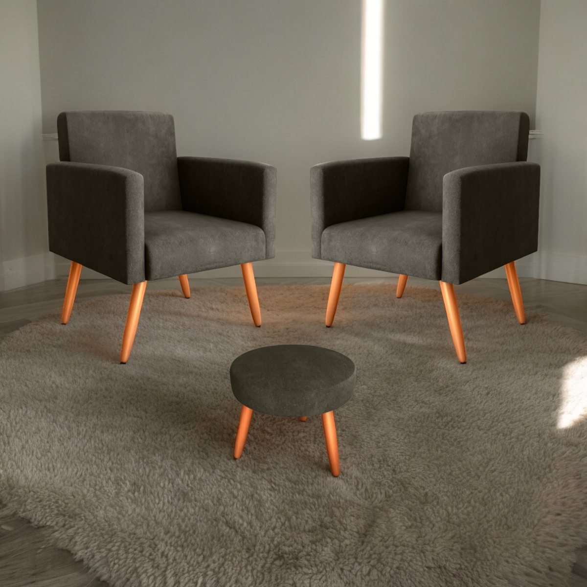 Conjunto Poltronas e Puff Iara Veludo Turkey Marrom