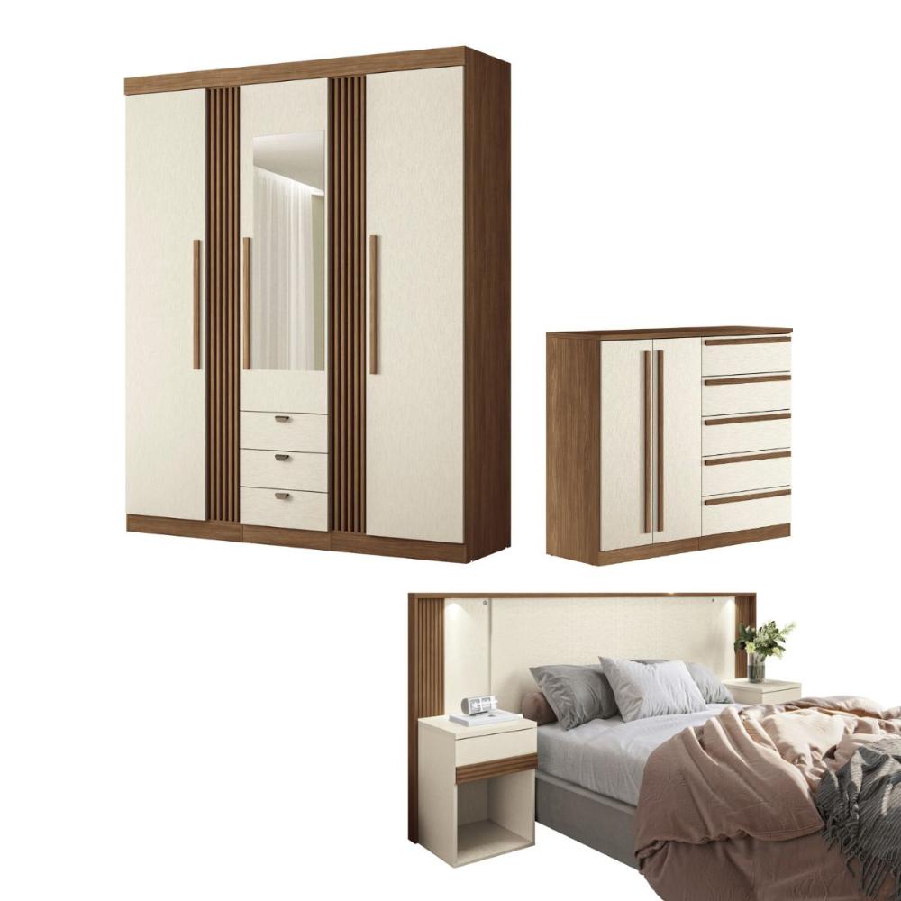 Conjunto Quarto Completo Com Espelho Xangai Jatoba Areia