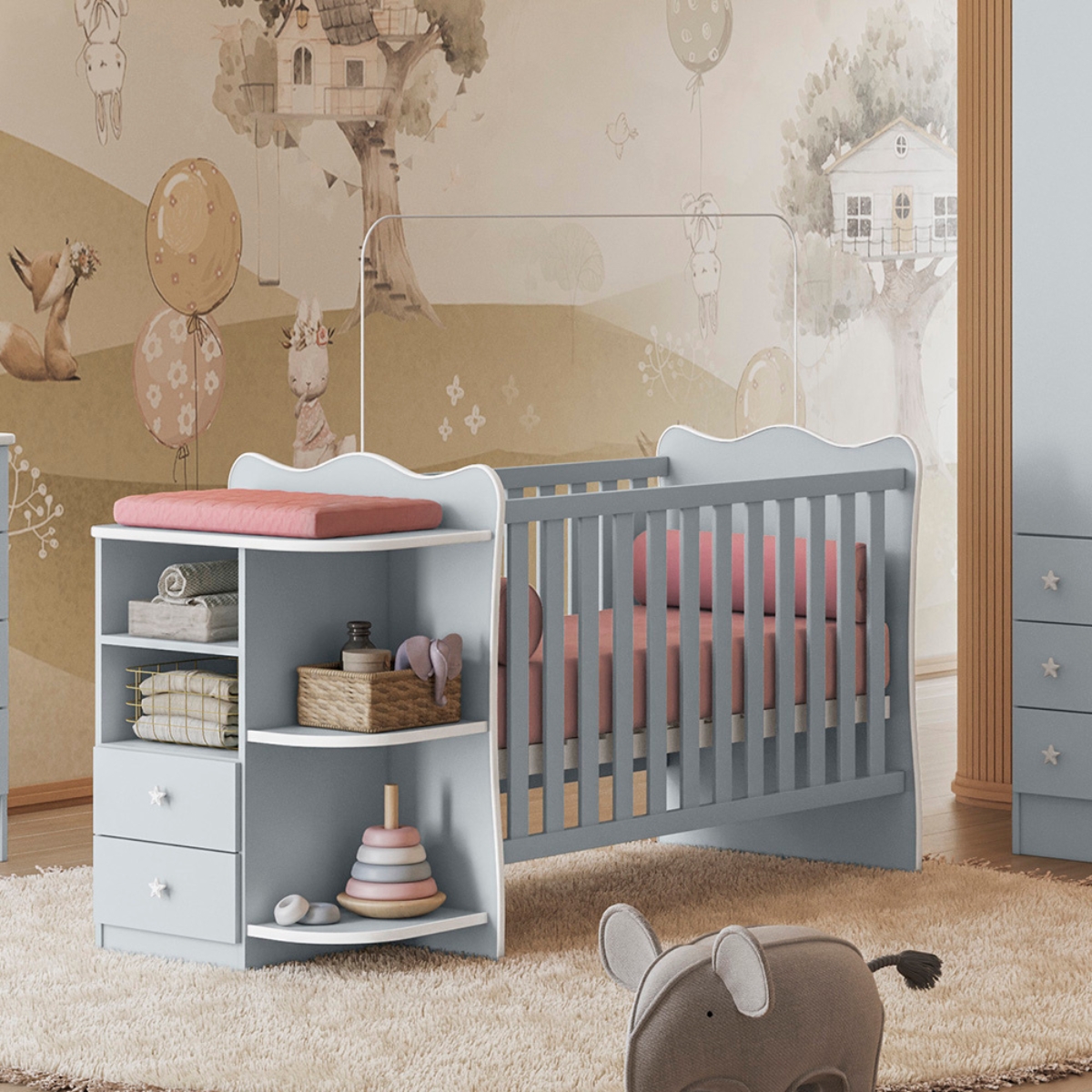 Conjunto Quarto Infantil Completo Chester Cinza Acetinado