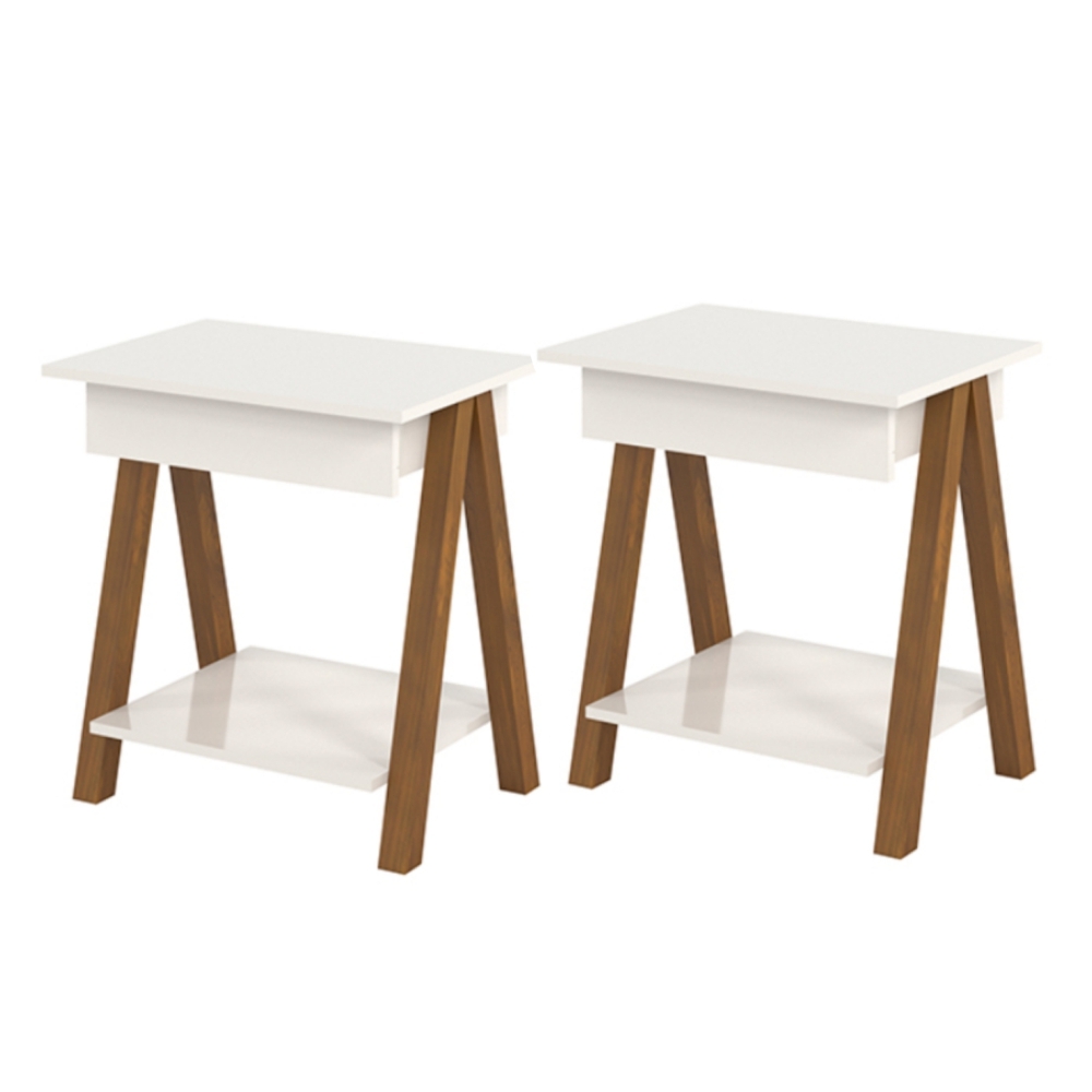 Conjunto de Mesas de Cabeceira com Gaveta Verona Amadeirado Off White