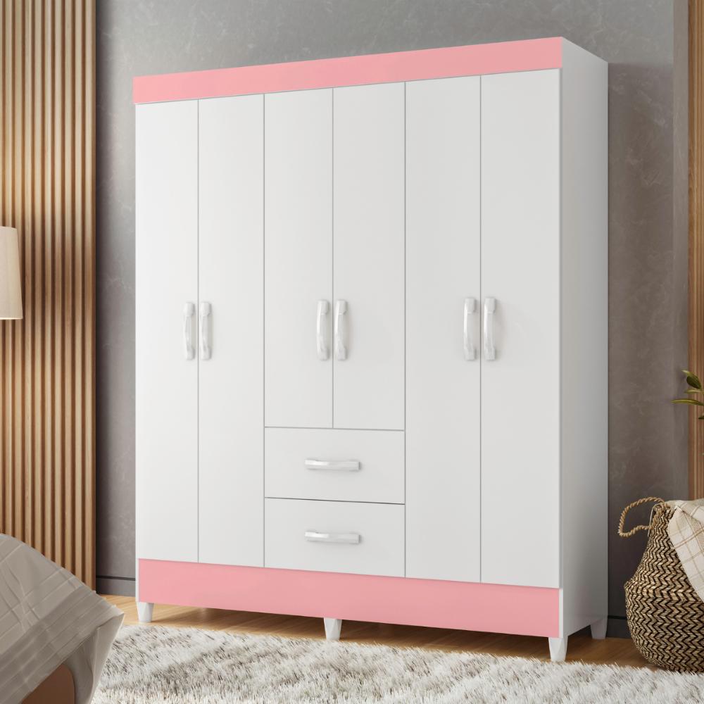 Guarda Roupa 6 Portas Cancun Branco Rosa