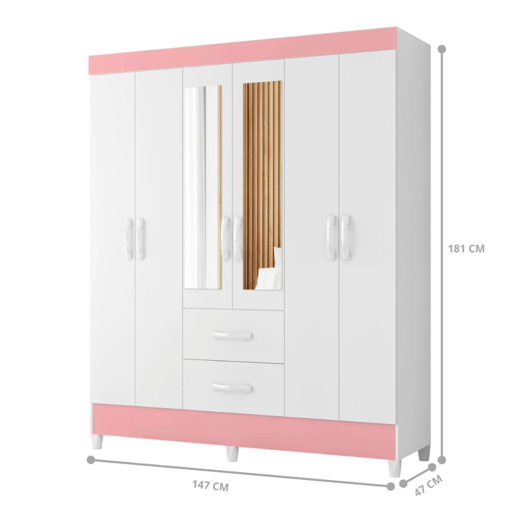 Guarda Roupa 6 Portas Cancun Com Espelho Branco Rosa