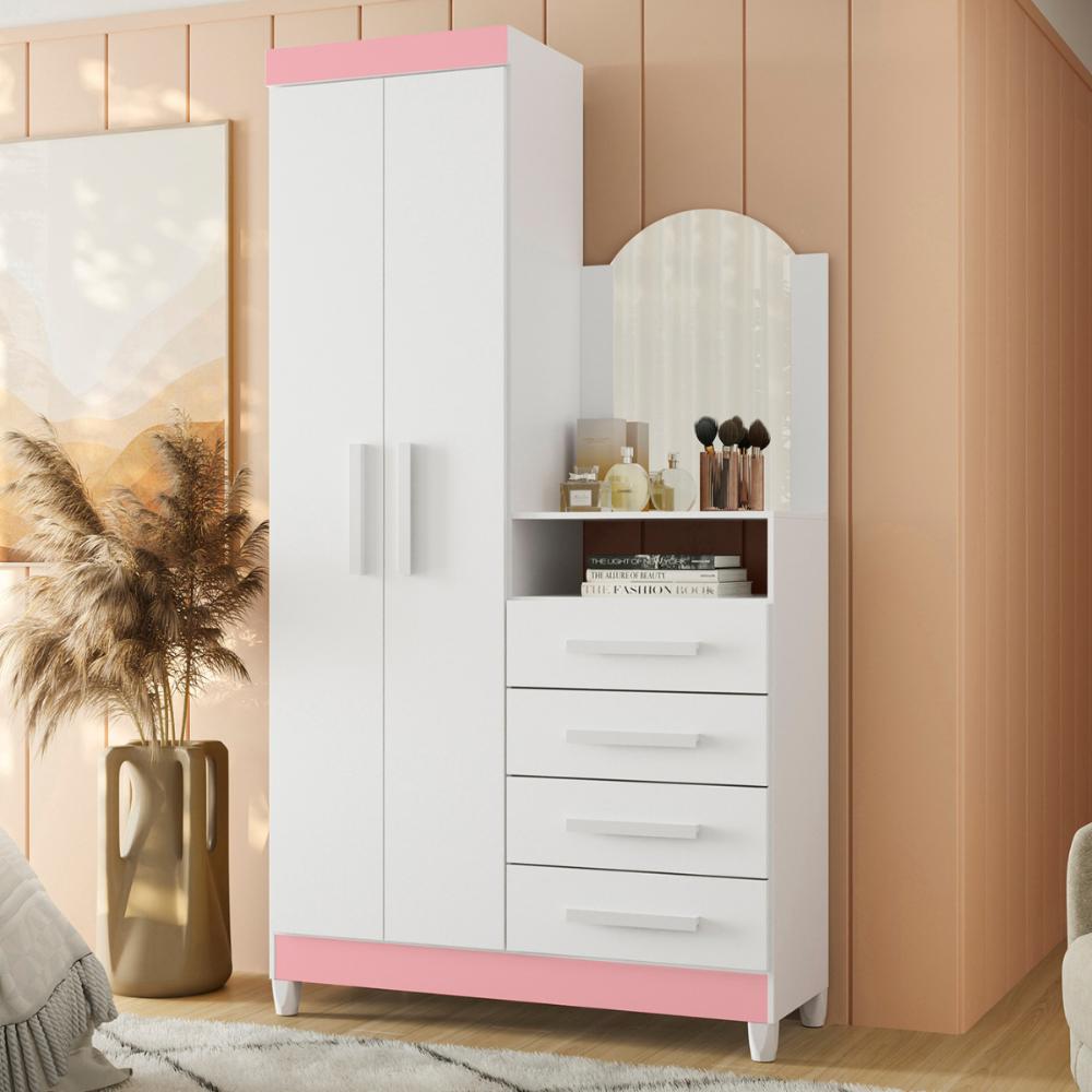 Guarda Roupa Comoda Com Espelho Georgia Rosa