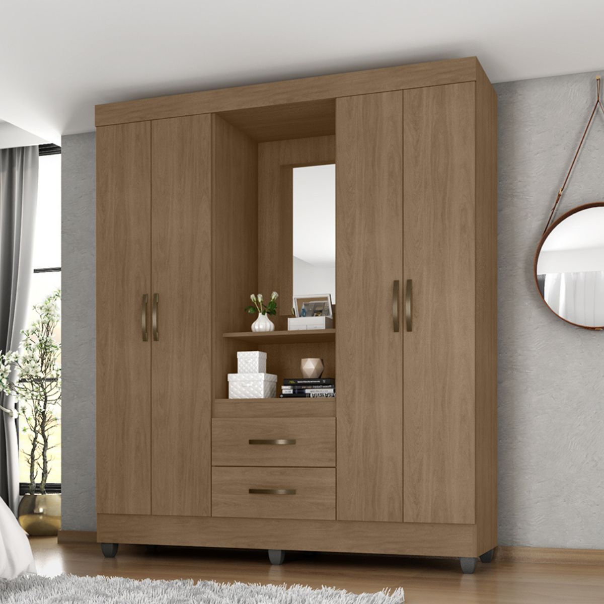 Guarda Roupa Solteiro 4 Portas Carvalho Oak com Espelho   