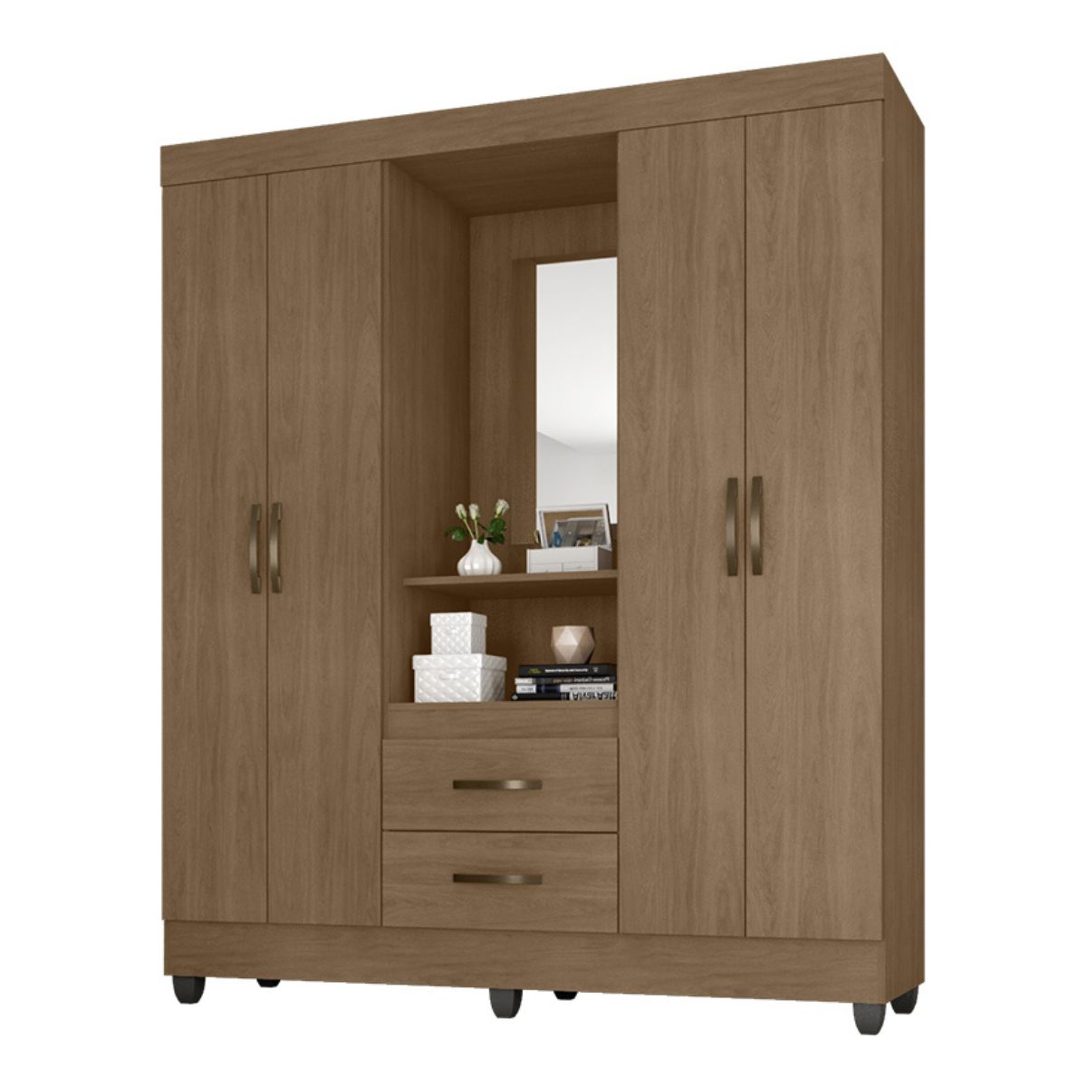Guarda Roupa Solteiro 4 Portas Carvalho Oak com Espelho   