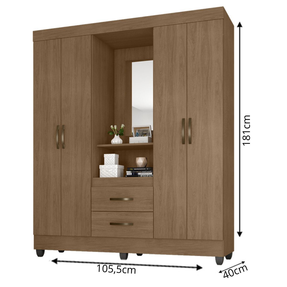 Guarda Roupa Solteiro 4 Portas Carvalho Oak com Espelho   