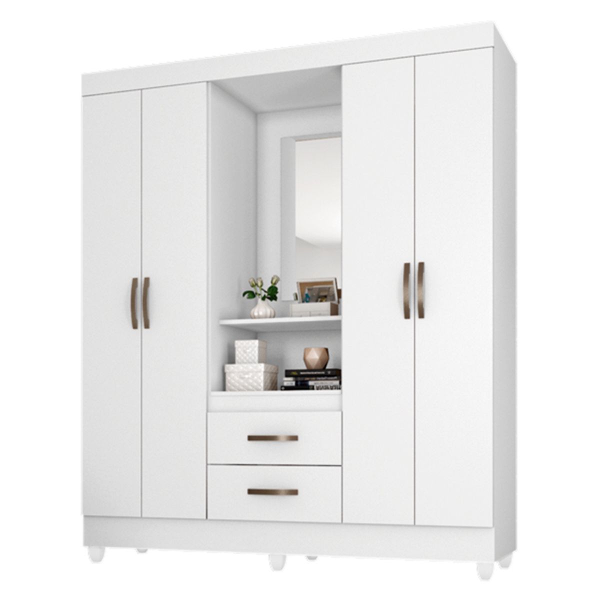 Guarda Roupa Solteiro 4 Portas com Espelho Branco  
