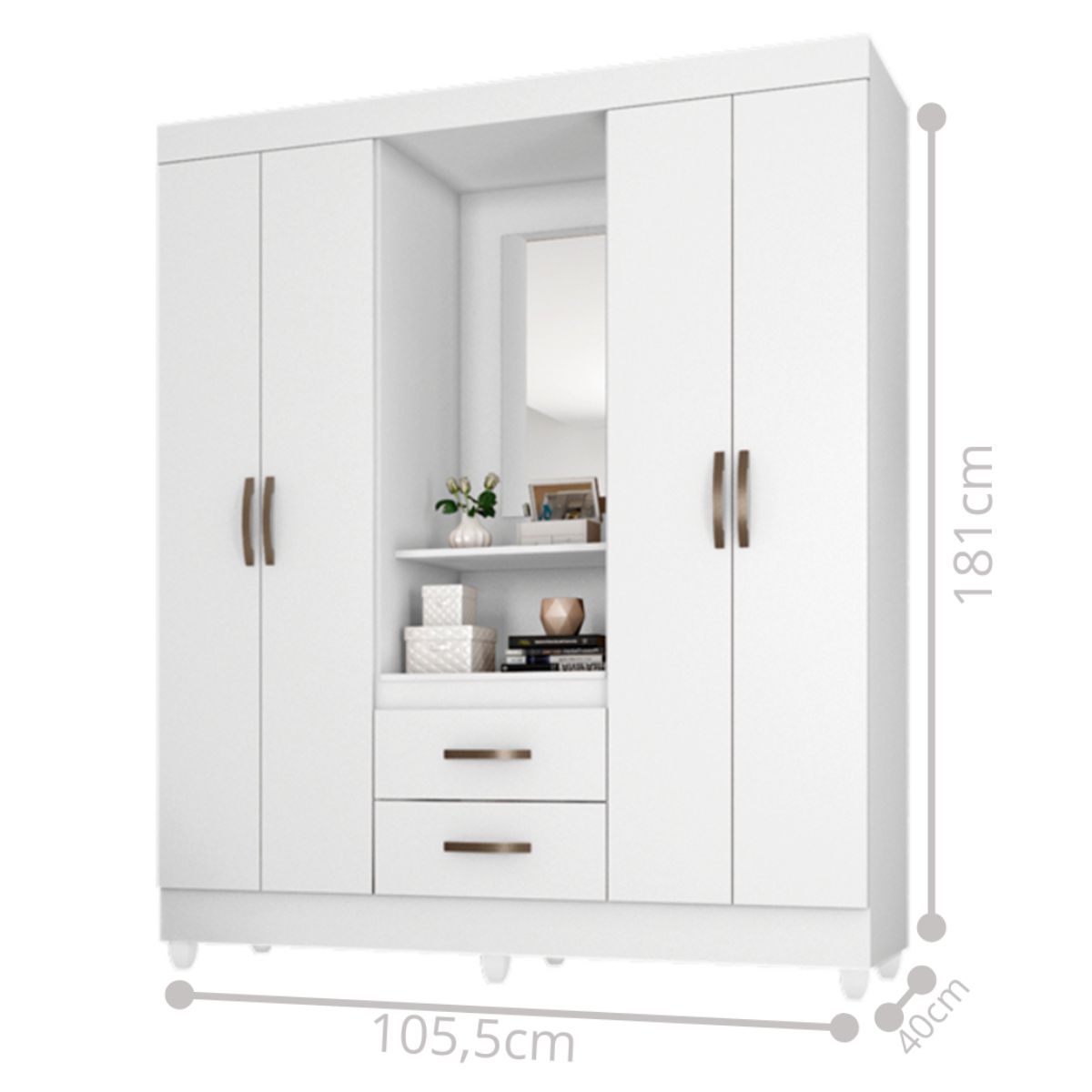 Guarda Roupa Solteiro 4 Portas com Espelho Branco  