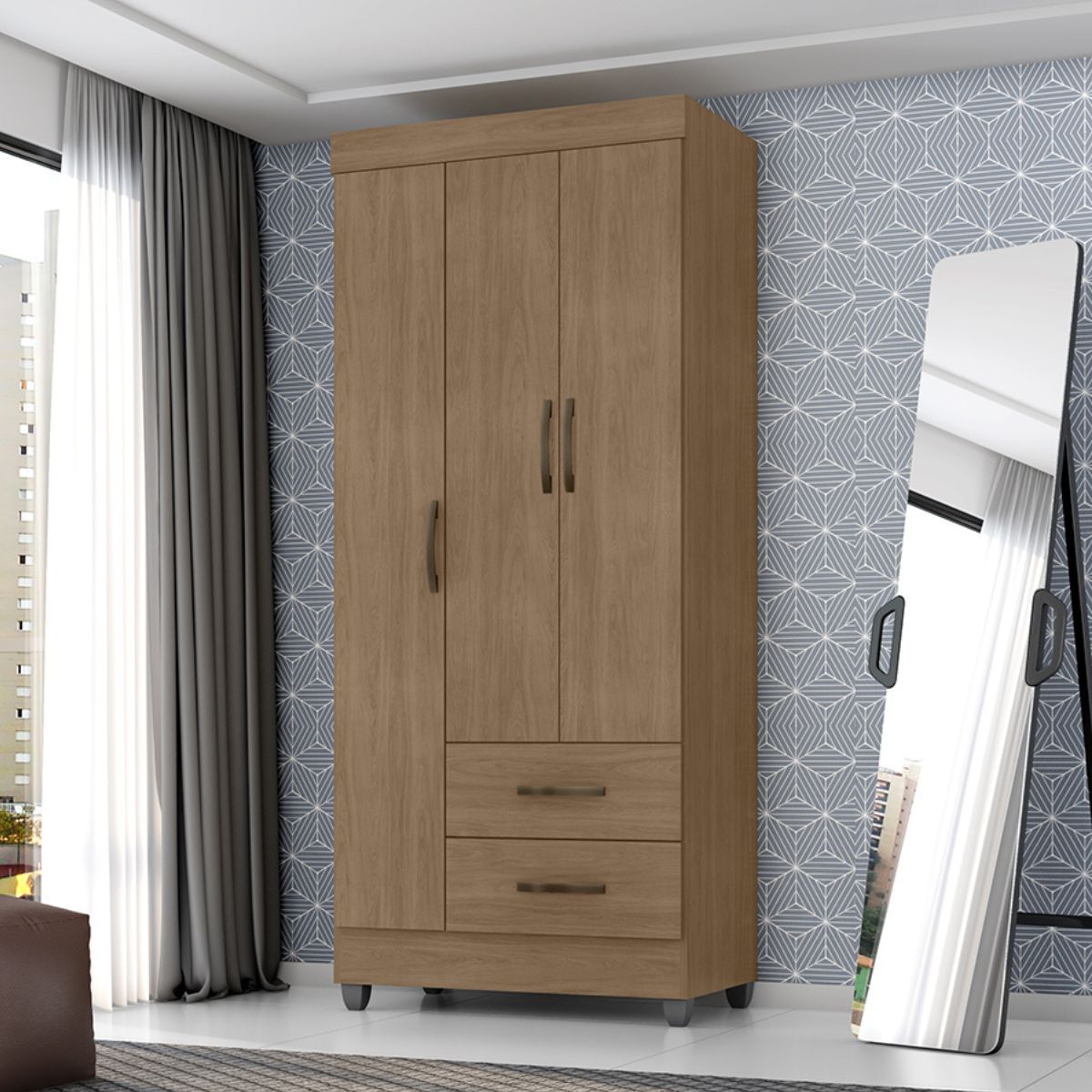 Guarda Roupa Solteiro com 3 Portas Vidigal Carvalho Oak