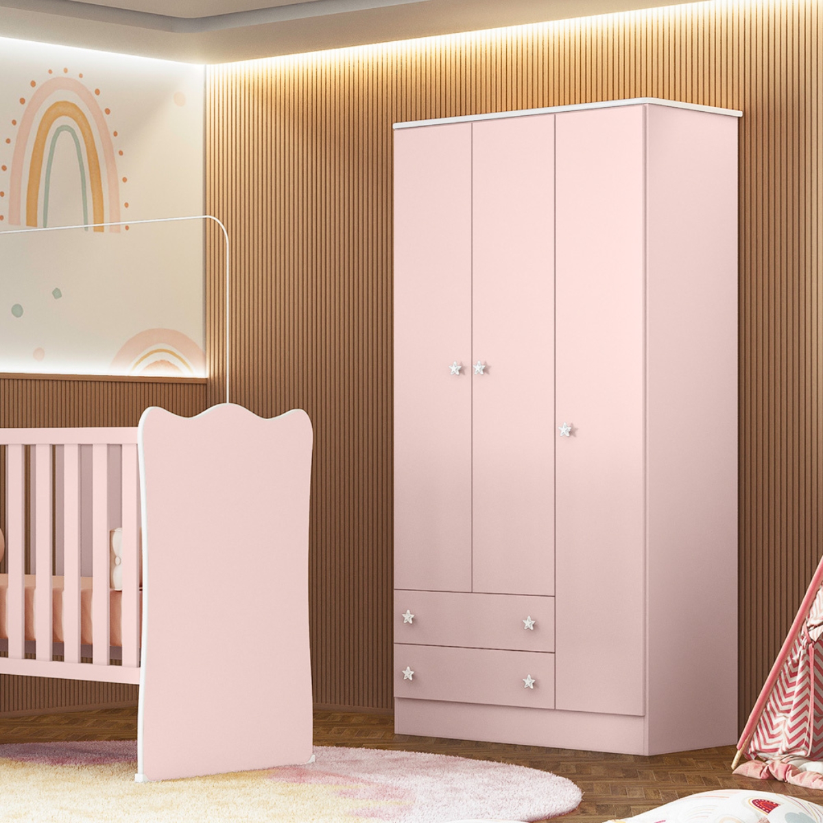 Guarda Roupa com 3 Portas e Cômoda Hamilton Rosa Acetinado