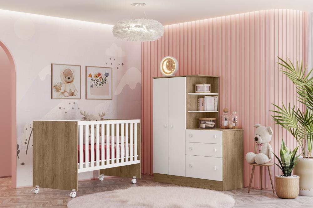 Guarda Roupa com Comoda Infantil Lecco Carvalho Rustico Branco