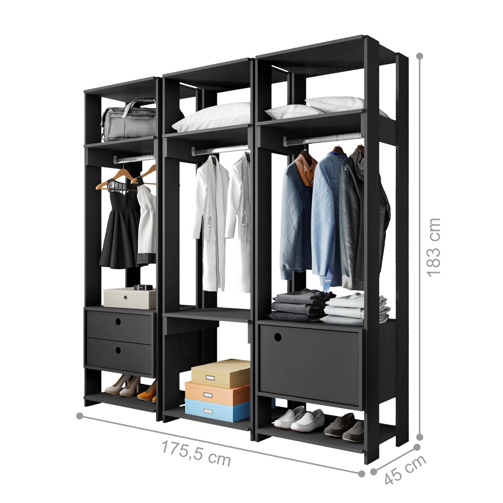 Guarda Roupas Francia Preto com Porta e Gaveta