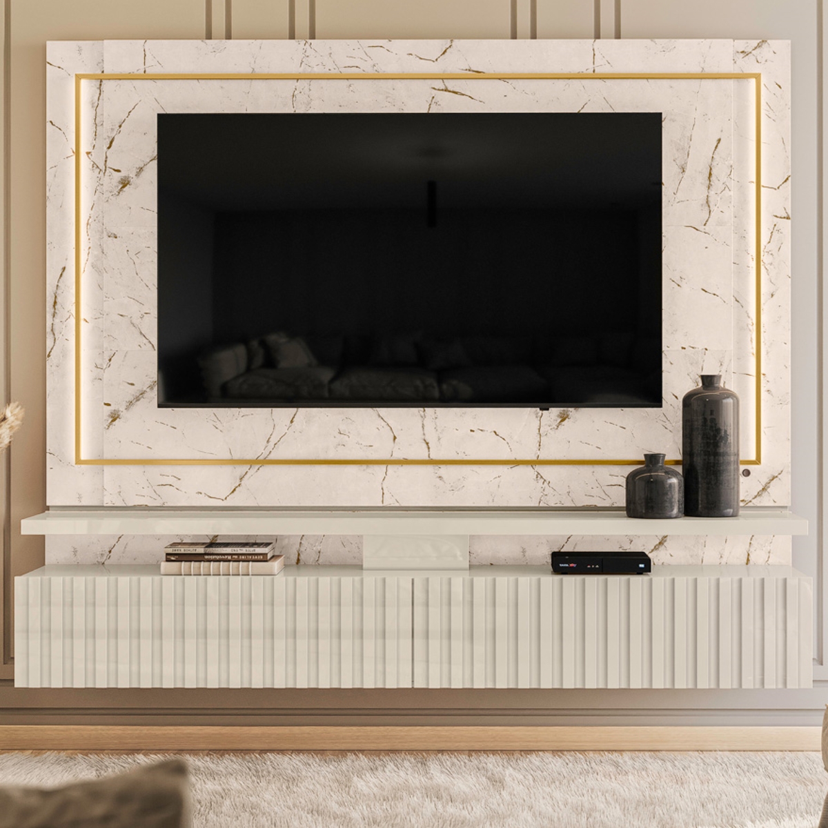 Home Suspenso Ripado  Para TVs 75" París Calacata Off White