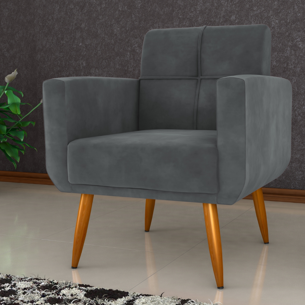 Jogo Poltrona e Puff para Sala Hazen Veludo Cinza
