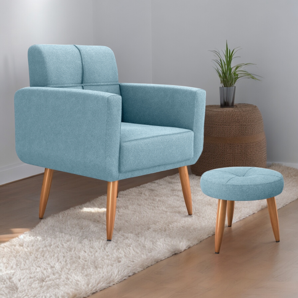 Jogo Poltrona e Puff para Sala Oliver Boucle Azul