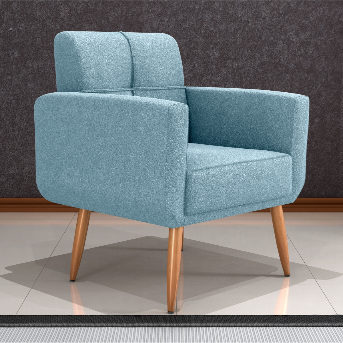 Jogo Poltrona e Puff para Sala Oliver Boucle Azul